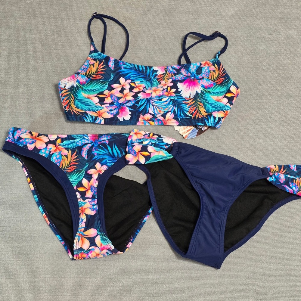 Bingo Surf Bikini‎ Set 3-Piece Womens S Navy Tropical Floral New Swimsuit